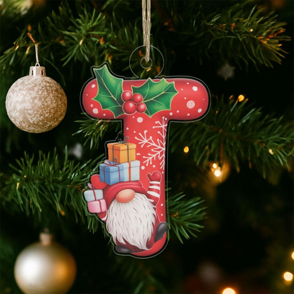 Letter T Gnome Christmas Initial Ornament Stacked Gifts Holiday Print