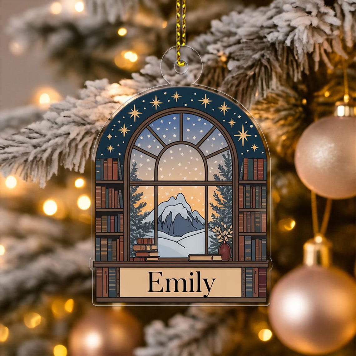 Personalized Christmas Bookshelf Ornament Winter Night Window Poster