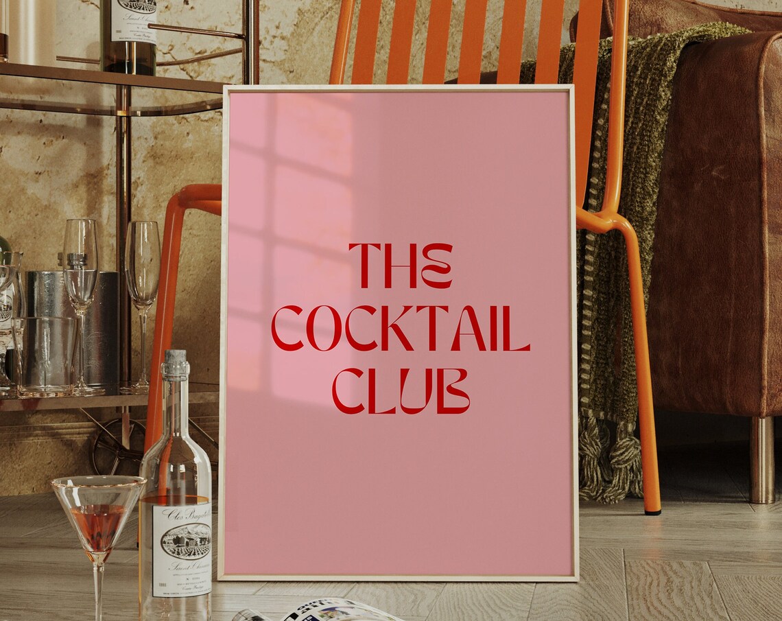 Pink The Cocktail Club Retro Poster with Bold Red Typography