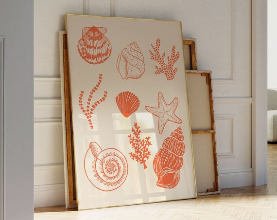 Orange Seashell and Coral Line Art Coastal Beach Decor Poster