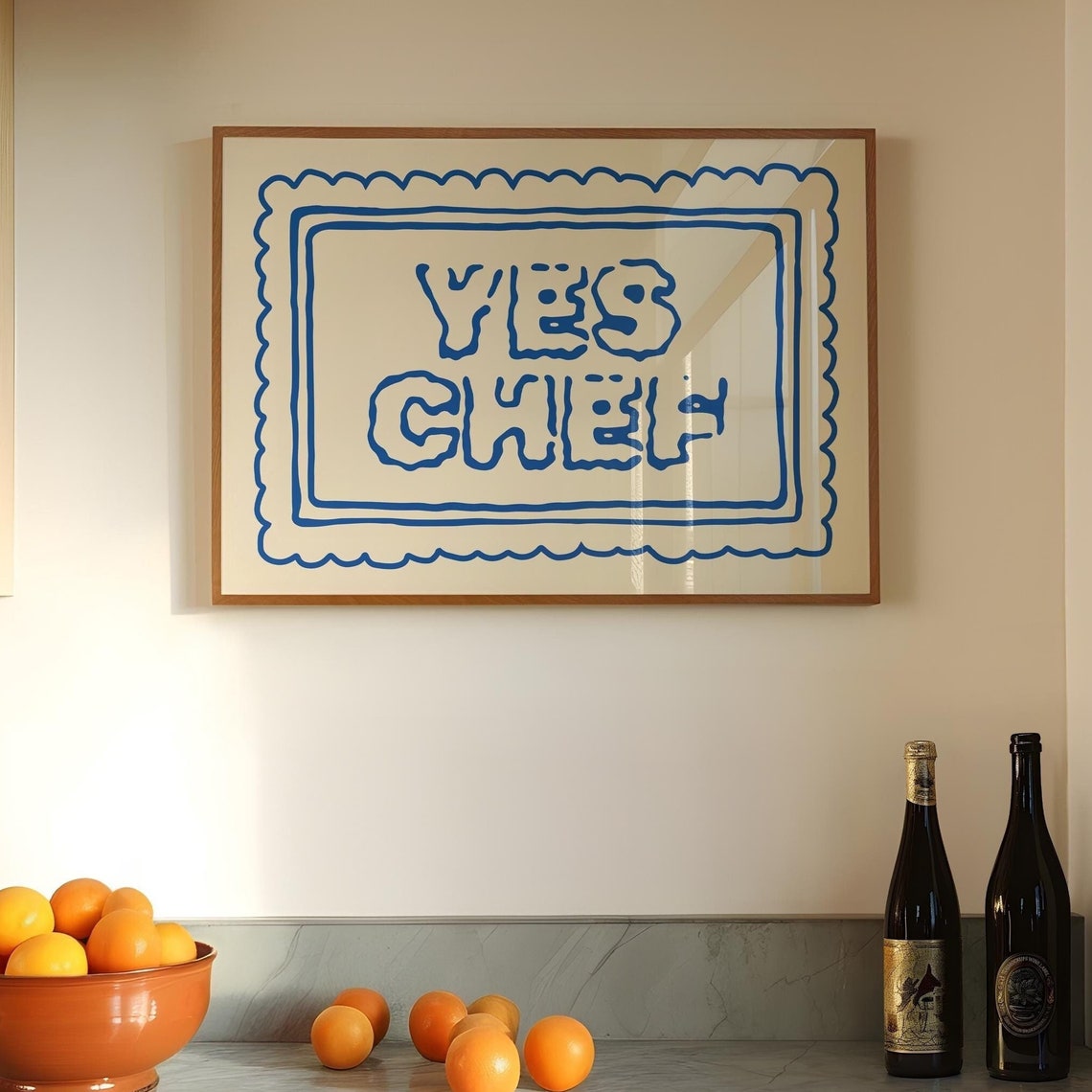 Yes Chef Retro Kitchen Fun Hand Drawn Blue Typography Poster