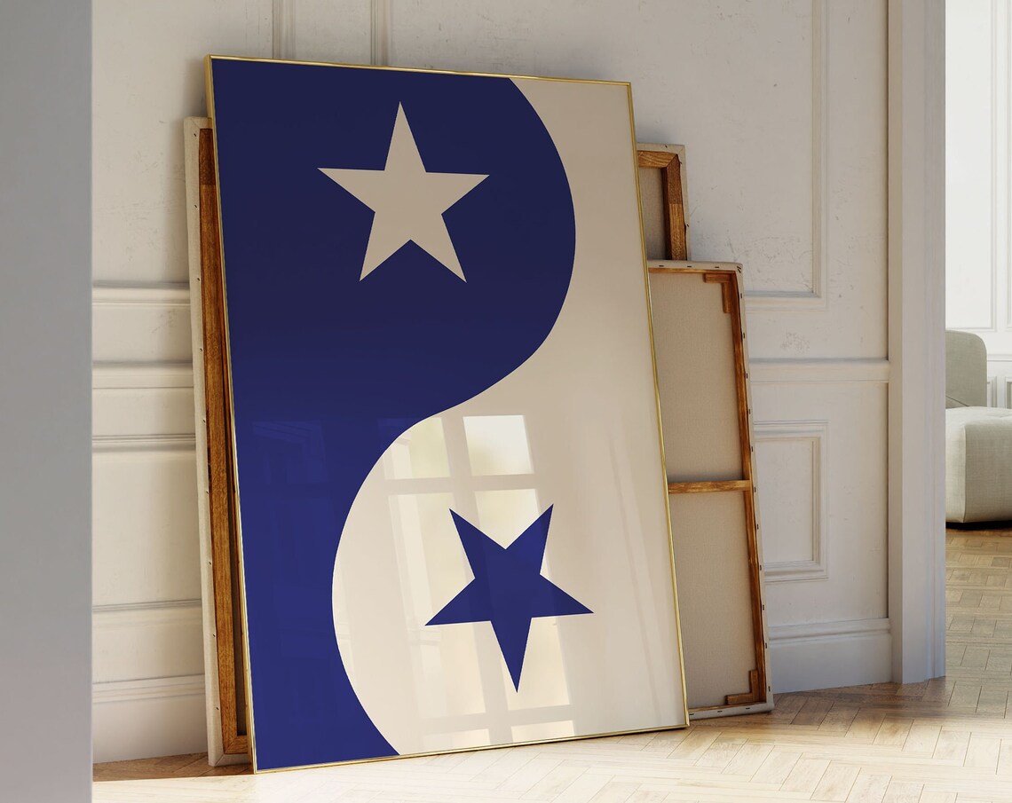 Navy Blue Yin Yang Star Minimalist Retro Geometric Art Poster