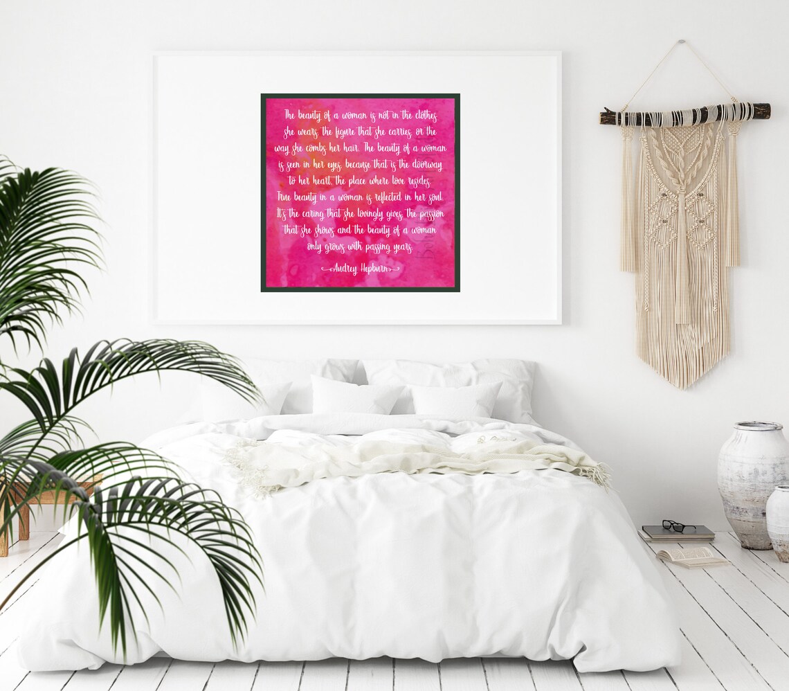 Audrey Hepburn Beauty Of A Woman Quote Print Pink Floral Wall Art Decor - Image 2