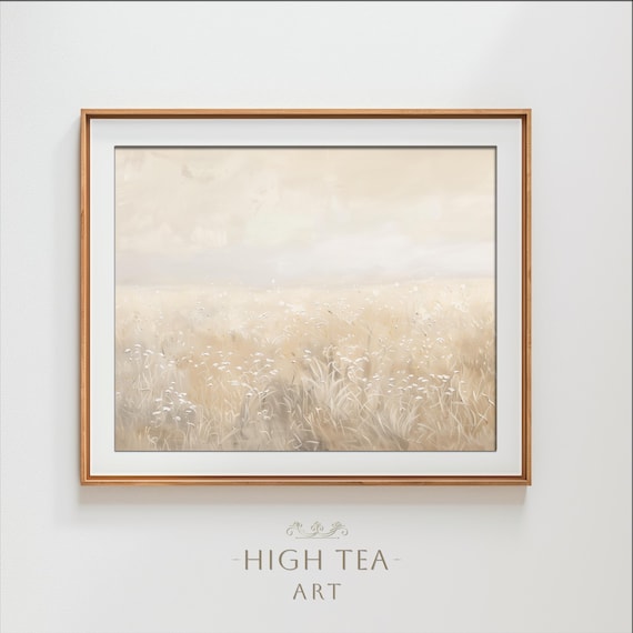 Misty Wheat Field Neutral Oil Painting Serene Countryside Morning Print