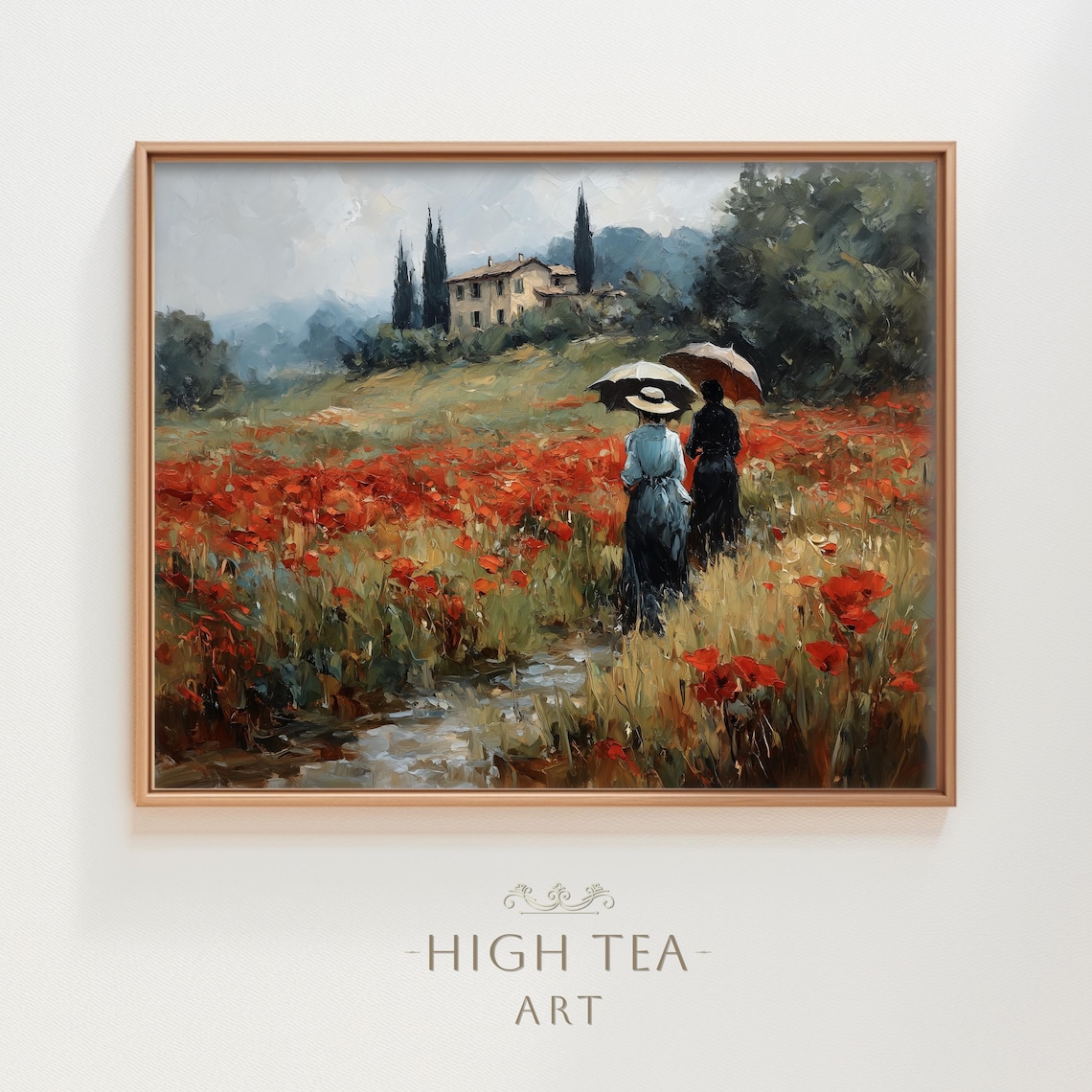 Tuscan Poppy Field Women Parasol Impressionist Oil Art Print Italy