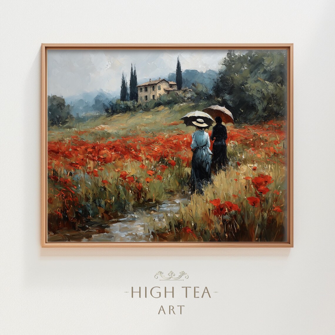 Vintage Poppy Field Tuscany Oil Painting Art Print 19th Century Women Umbrella Romanesque Tuscan Villa Hta371