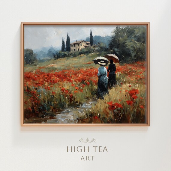 Tuscan Poppy Field Women Parasol Impressionist Oil Art Print Italy