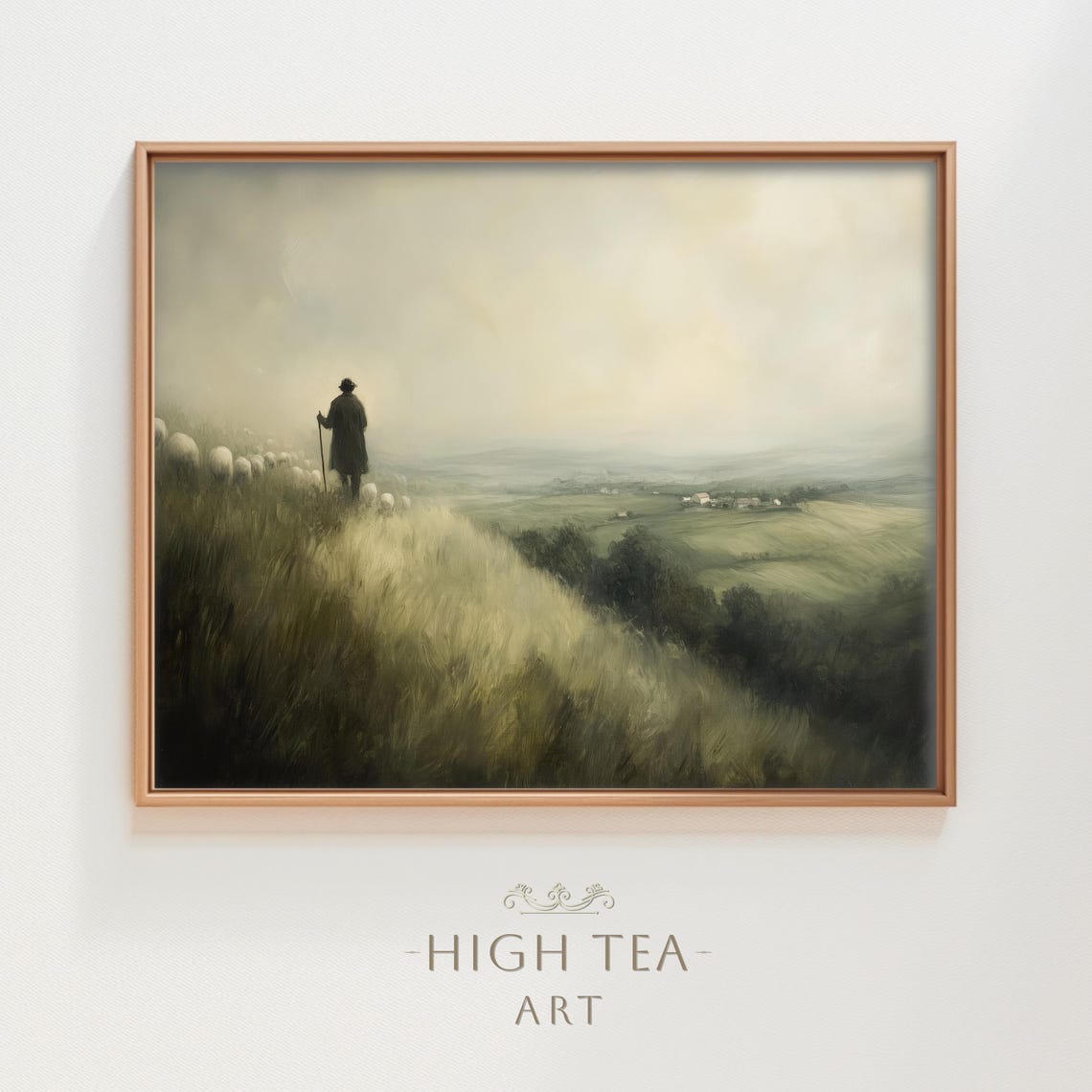 Shepherd With Sheep on Misty Hillside Pastoral Painting Poster