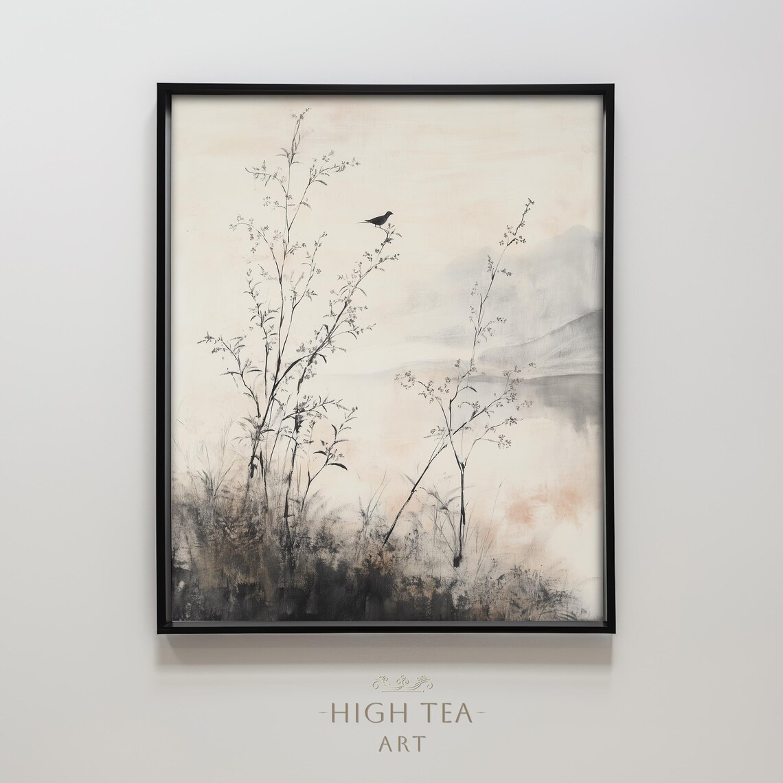 Bird on Reeds Watercolor Painting Misty Mountain Lake Nature Print