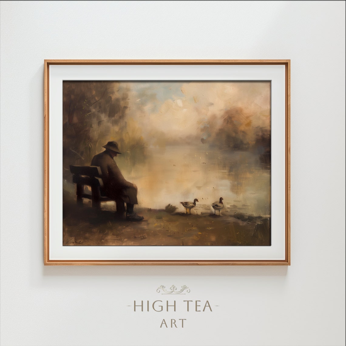 Lakeside Oil Painting Poster with Man on Bench and Geese at Dawn