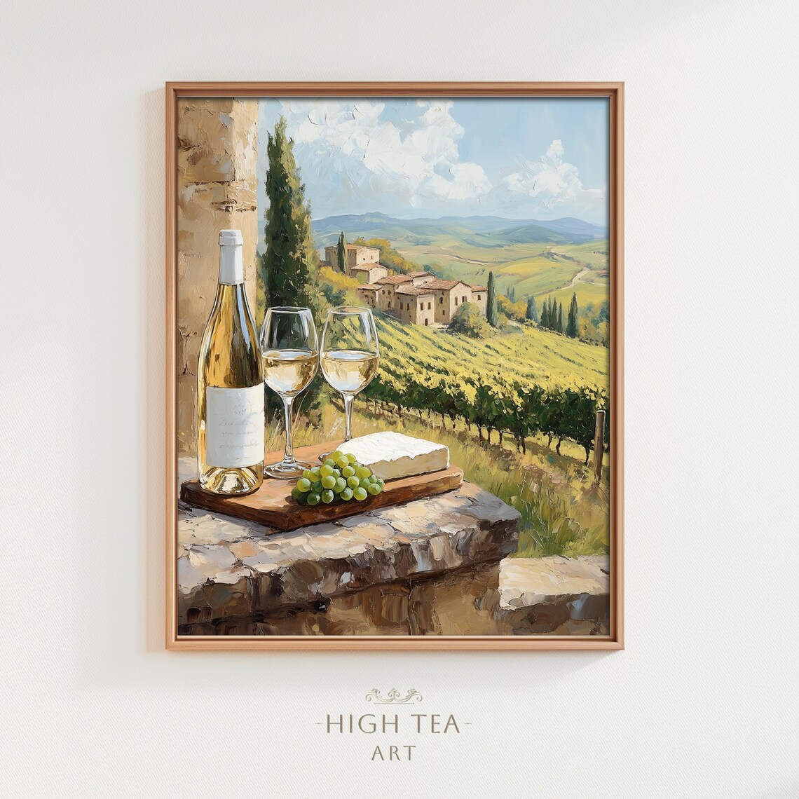 Tuscan Vineyard White Wine Cheese Grapes Sunny Italian Valley Oil Poster