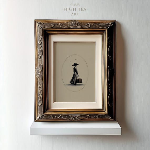 Vintage Elegant Woman Sketch Art Print Minimalist Illustration 19th Century Lady Luggage Neutral Decor Hta397