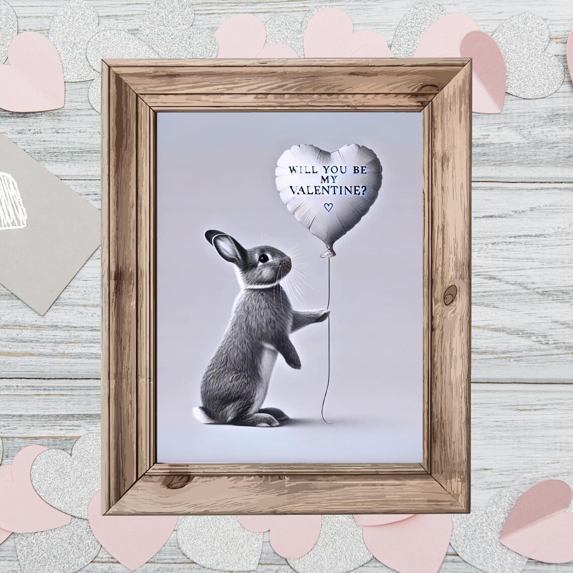 Bunny Holding Will You Be My Valentine Heart Balloon Funny Poster