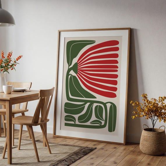 Abstract Botanical Wall Art Red Green Plant Print Mid Century Modern Boho Flower Poster Minimalist Decor Floral Home