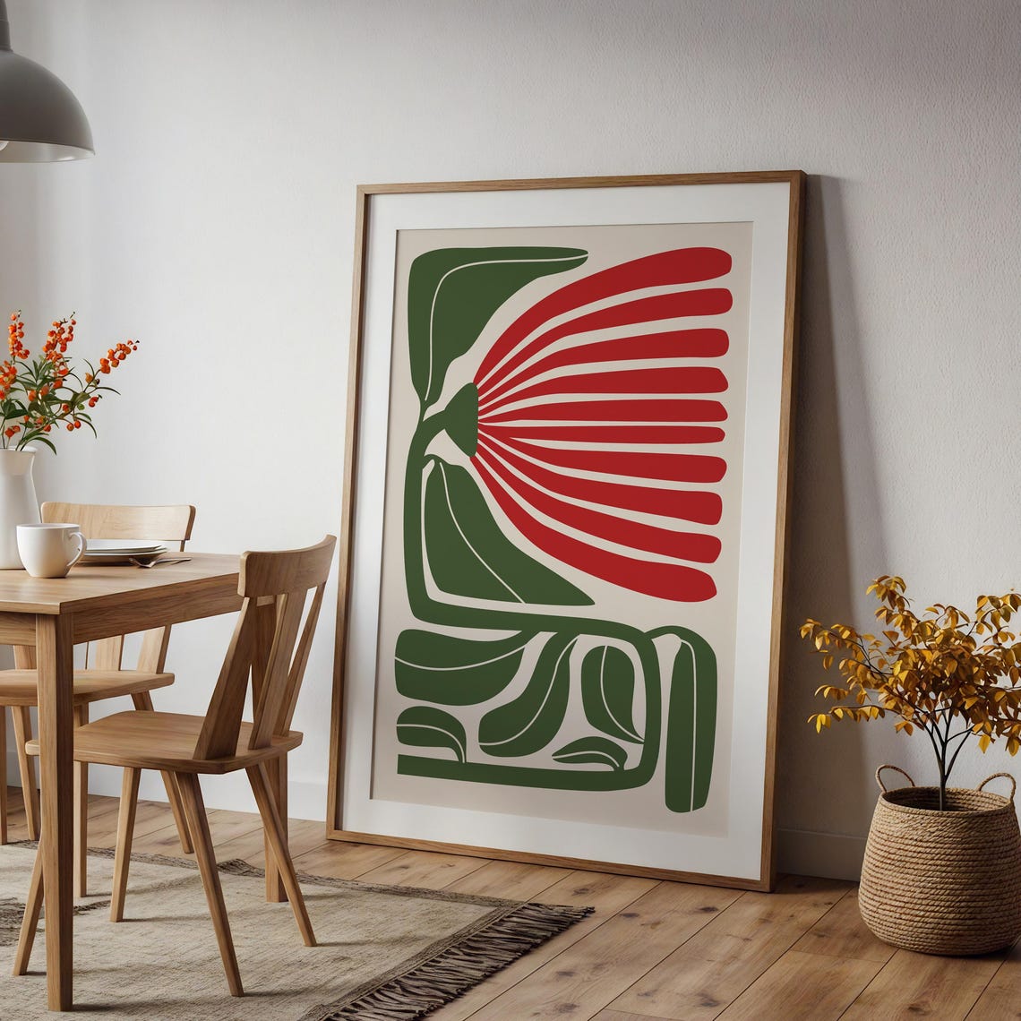 Abstract Botanical Wall Art Red Green Plant Print Mid Century Modern Boho Flower Poster Minimalist Decor Floral Home