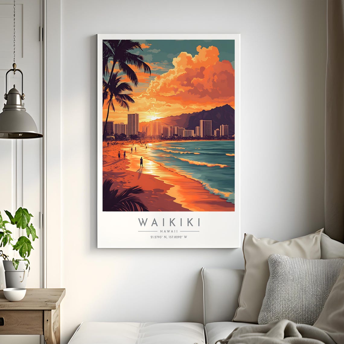 Waikiki Beach Hawaii Sunset Palms Diamond Head Shoreline Travel Poster - Image 2