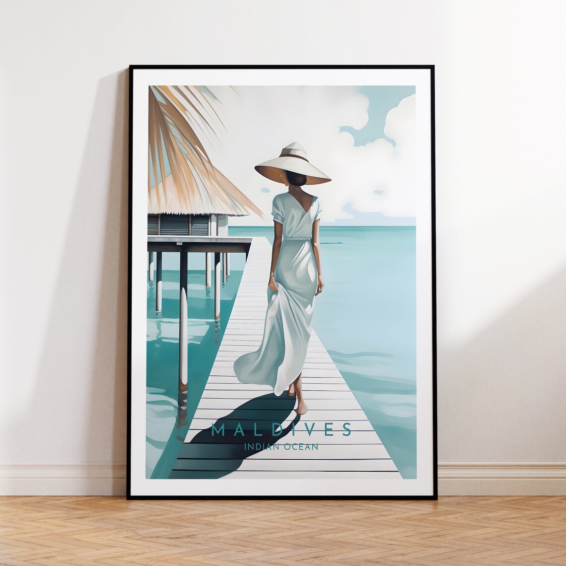 Maldives Indian Ocean Overwater Jetty Woman Sun Hat Scene Poster