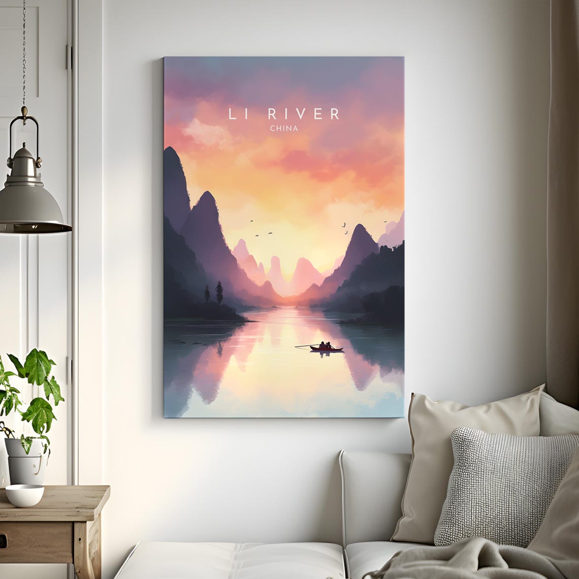 Li River China Sunset Karst Mountains Travel Poster with Lone Boat - Image 3