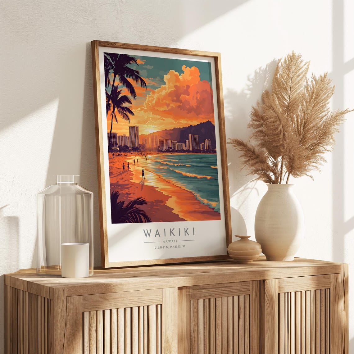 Waikiki Beach Hawaii Sunset Palms Diamond Head Shoreline Travel Poster - Image 3