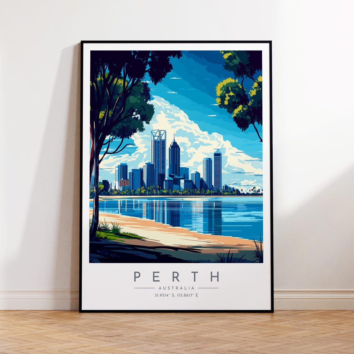 Perth Australia Skyline Riverside Beach Cityscape Travel Poster