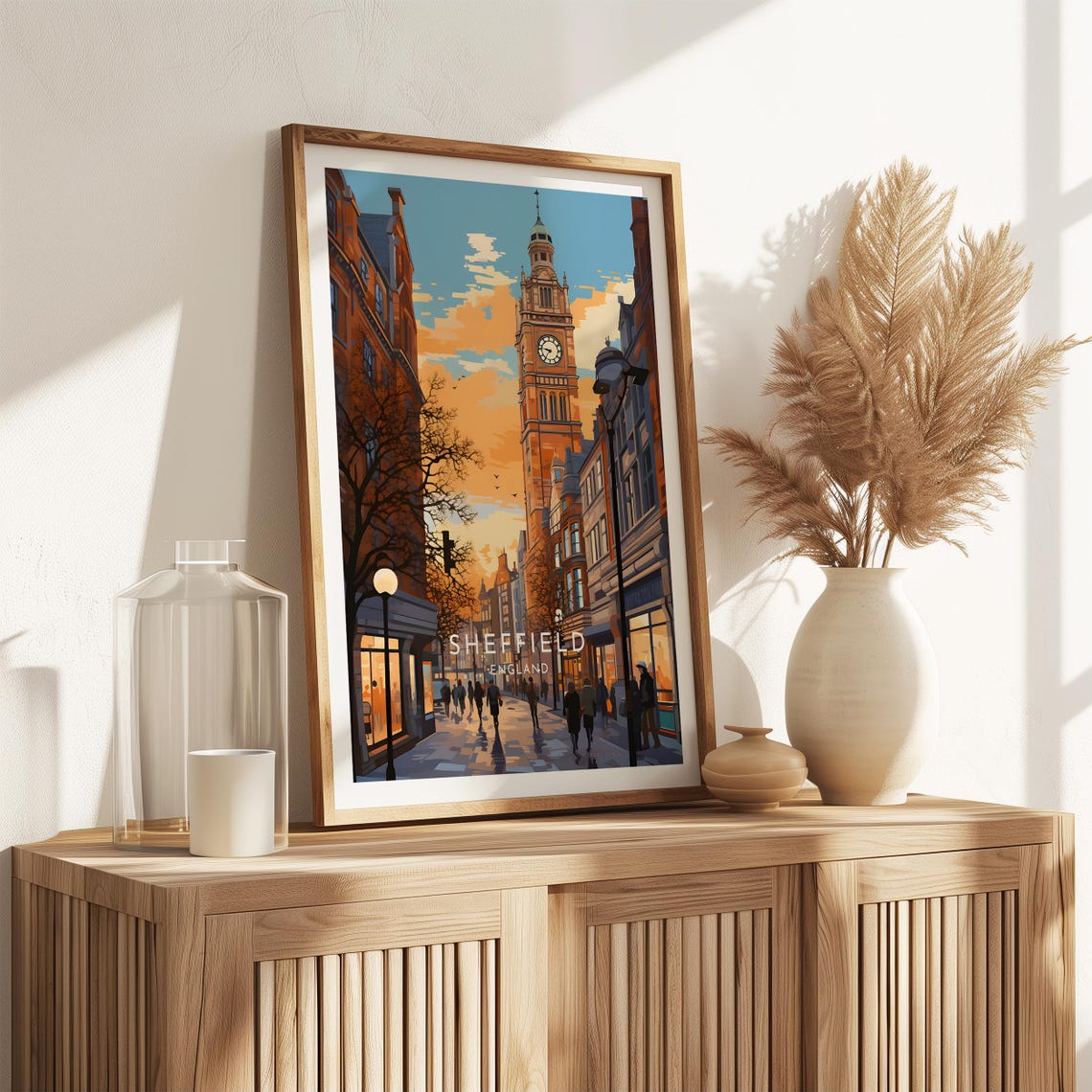 Sheffield England Clock Tower Evening Street Warm Lights Poster - Image 2