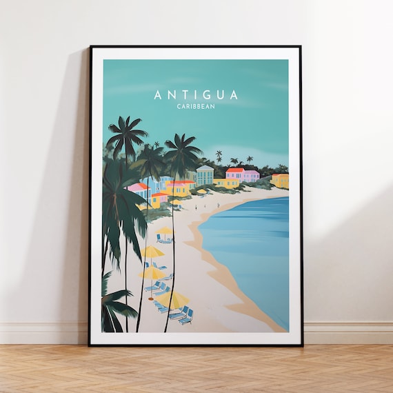 Antigua Caribbean Palm Beach Colorful Town Travel Art Poster