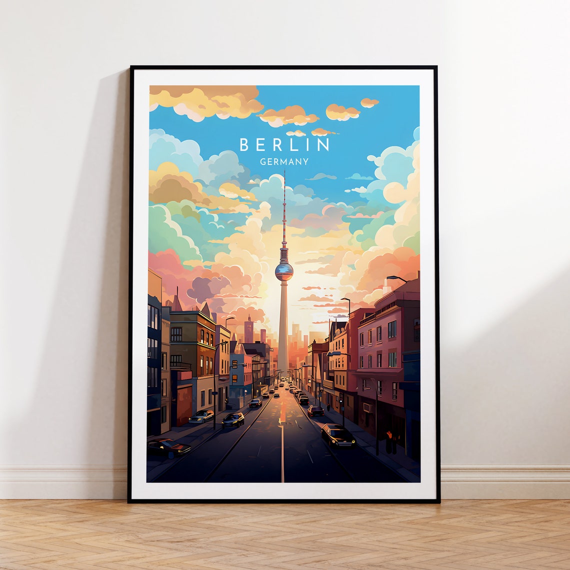 Berlin Germany TV Tower Street Pastel Clouds City View Poster