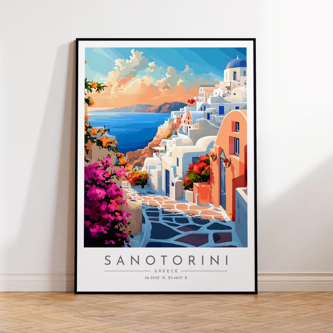 Santorini Greece Whitewashed Lane Bougainvillea Aegean Sea Poster