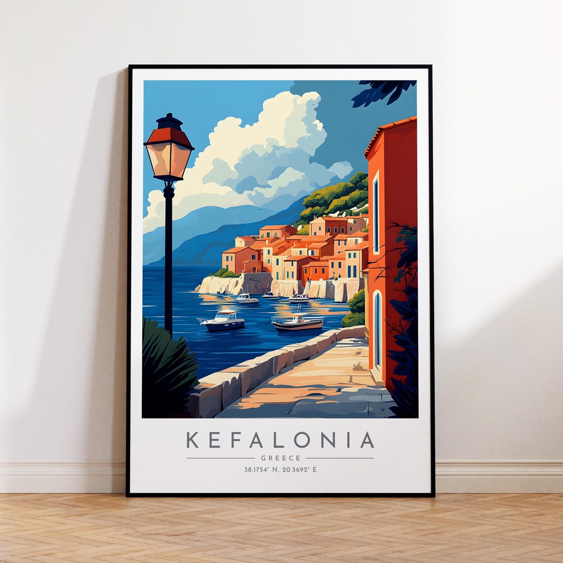 Kefalonia Harbor Waterfront Old Town Boats Greece Travel Poster