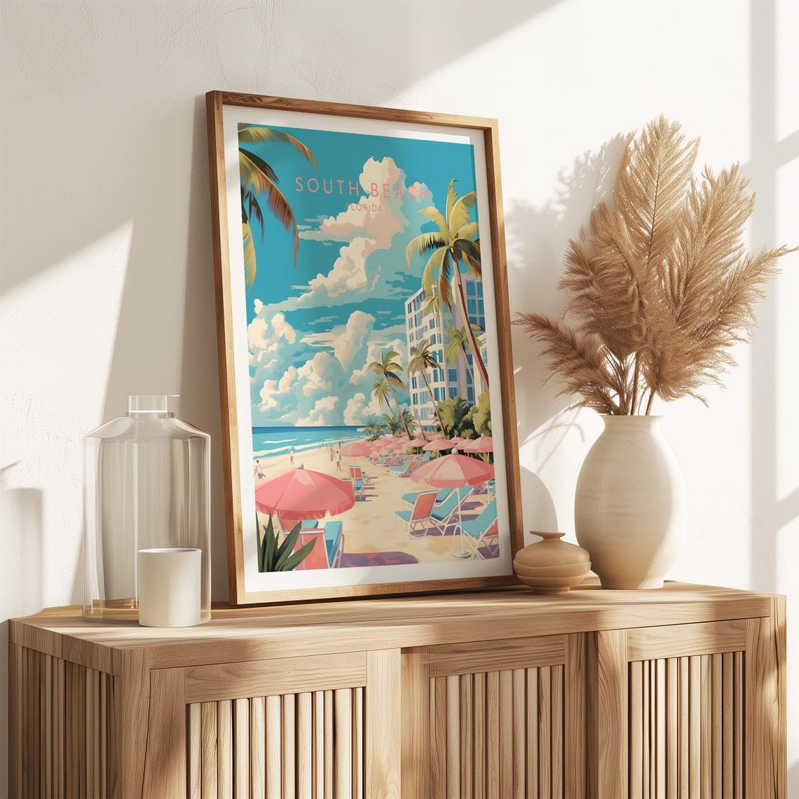 South Beach Florida Palm Trees Pink Umbrella Beach Scene Poster - Image 2