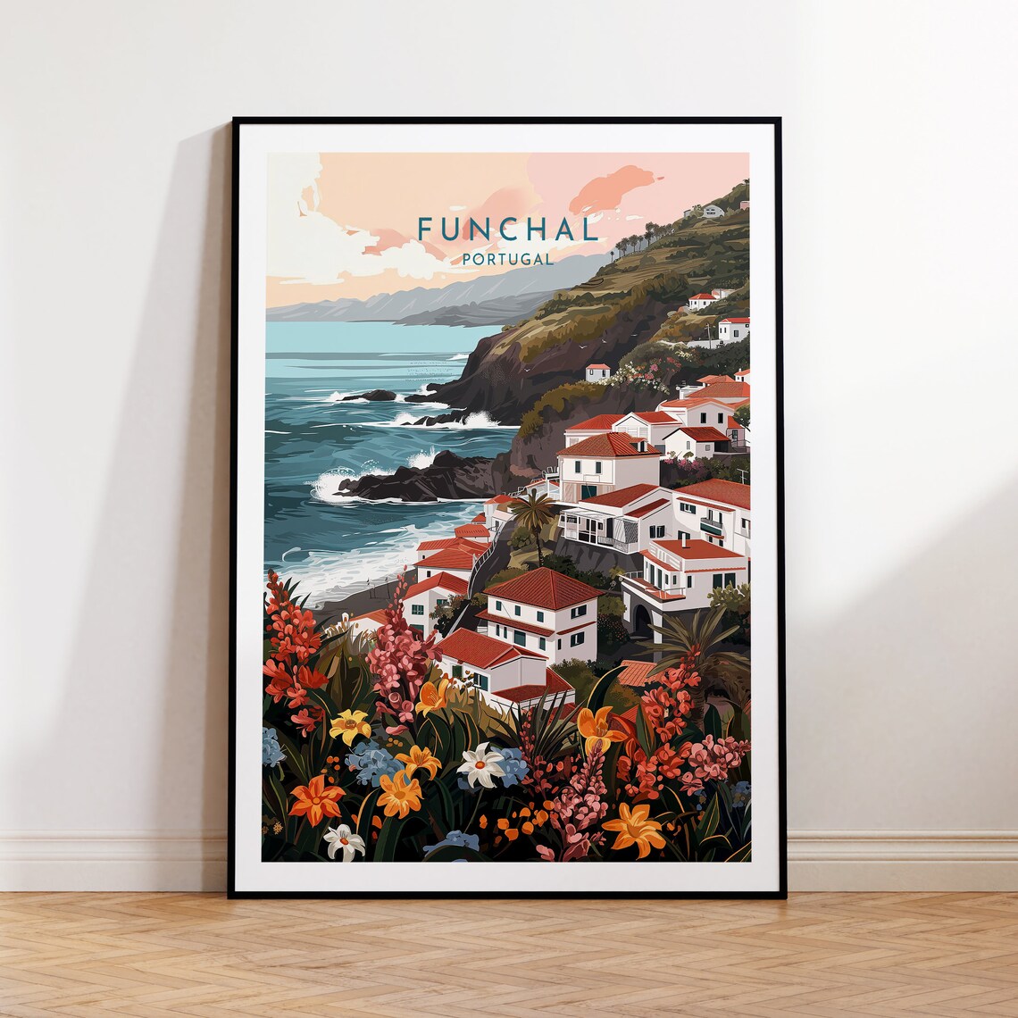 Funchal Portugal Hillside Town Red Roofs Ocean Flowers Wall Poster