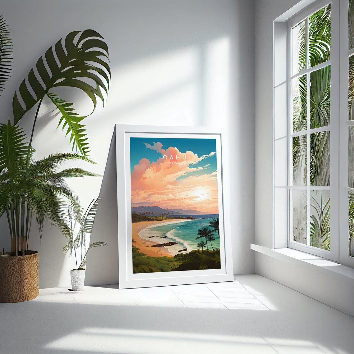 Oahu Hawaii Beach Golden Sunset Palm Trees Ocean Waves Travel Wall Art - Image 4