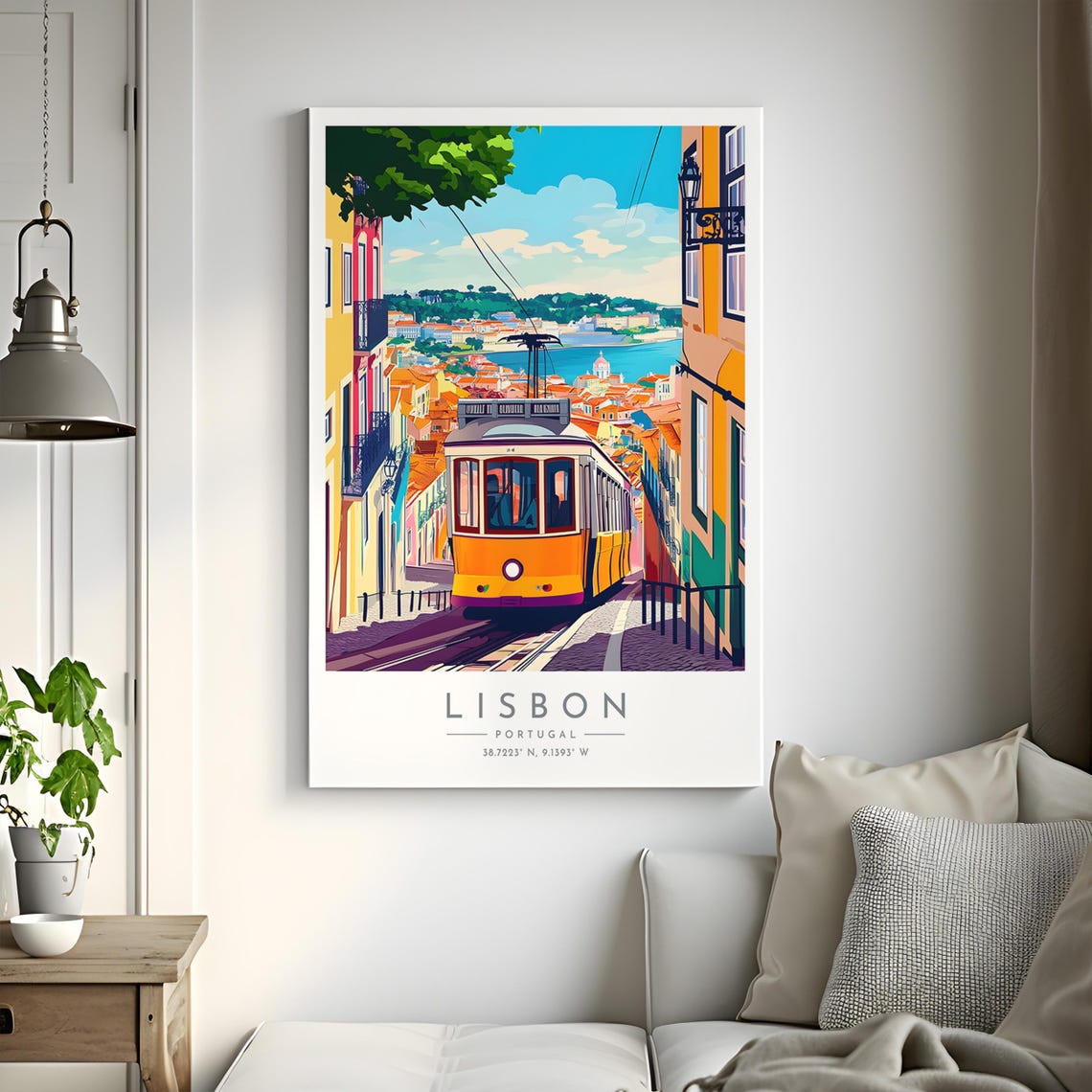 Lisbon Portugal Yellow Tram Hillside Harbor View Tram Poster - Image 2