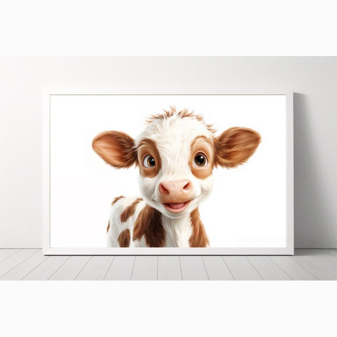 Smiling Brown and White Baby Cow Calf Farm Animal Nursery Poster - Image 3