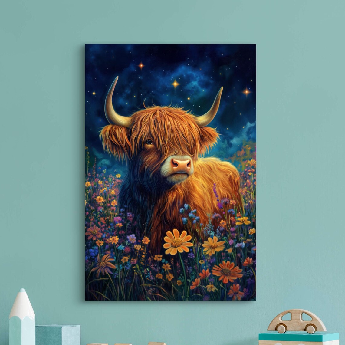 Highland Cow Wildflowers Starry Night Whimsical Colorful Animal Poster