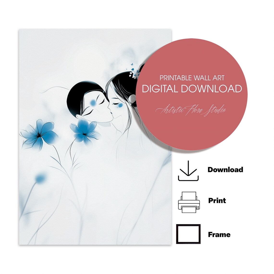 Kissing Couple Blue Flowers Asian Ink Wash Romantic Love Art Poster - Image 2
