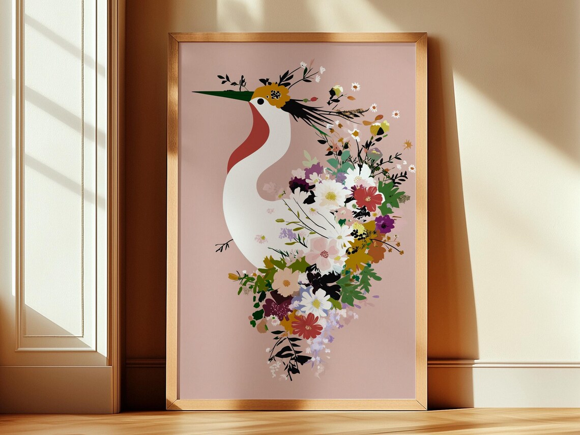 Crane Floral Silhouette Bouquet Pink Background Bird Art Poster