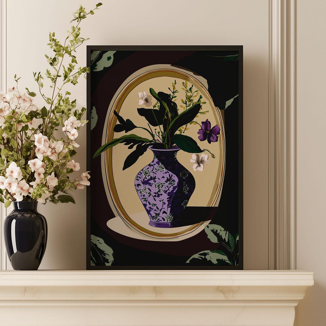 Purple Vase Floral Still Life Oval Frame Art Deco Botanical Poster - Image 3