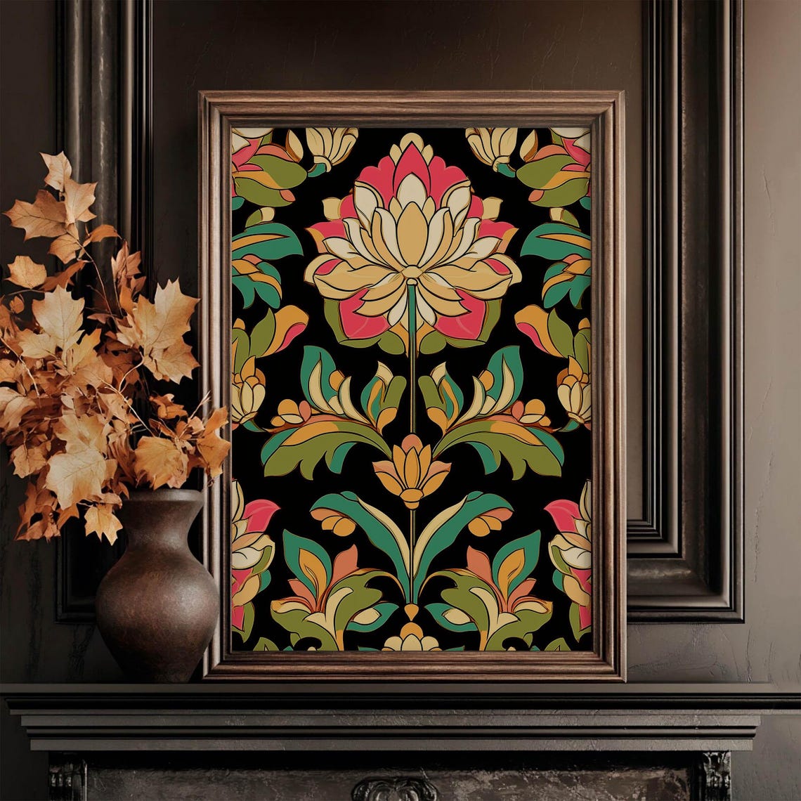 Colorful Indian Pichwai Lotus Flowers on Black Folk Art Poster