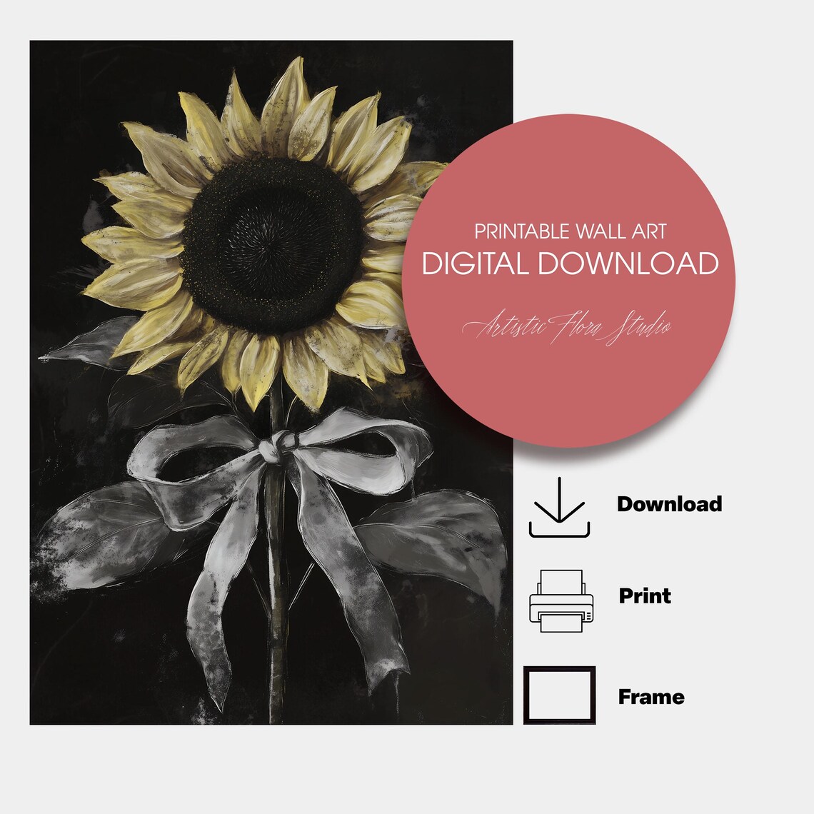 Sunflower White Bow Dark Moody Oil Painting Floral Art Poster - Image 2