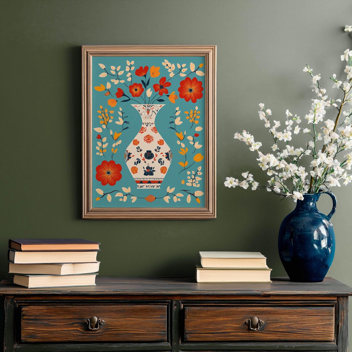 Folk Art Floral Vase Red Orange Flowers Teal Background Poster - Image 2