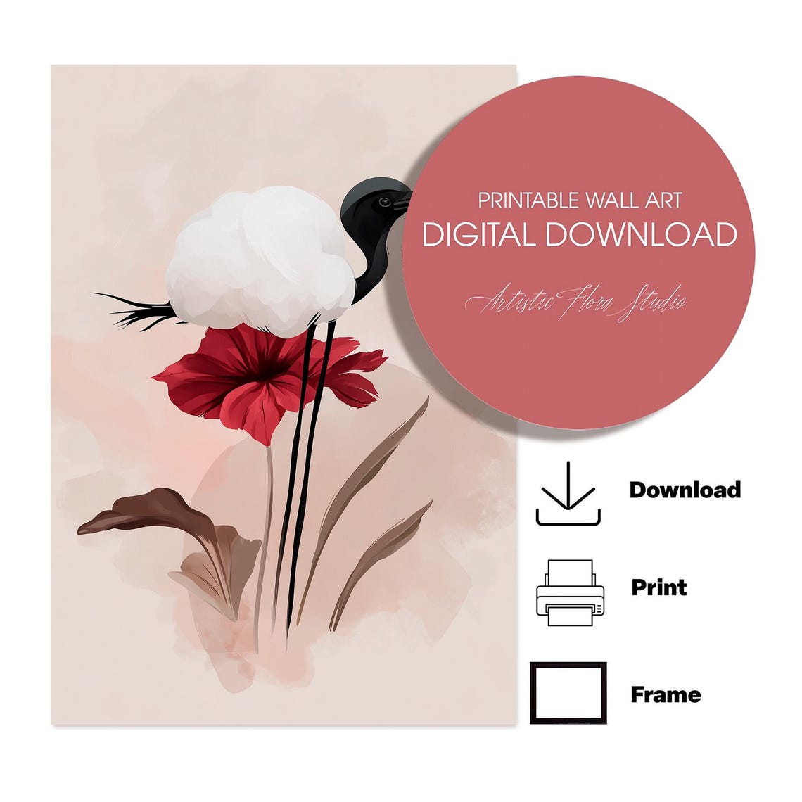 Black Headed Egret Red Flower Minimalist Watercolor Bird Poster - Image 2