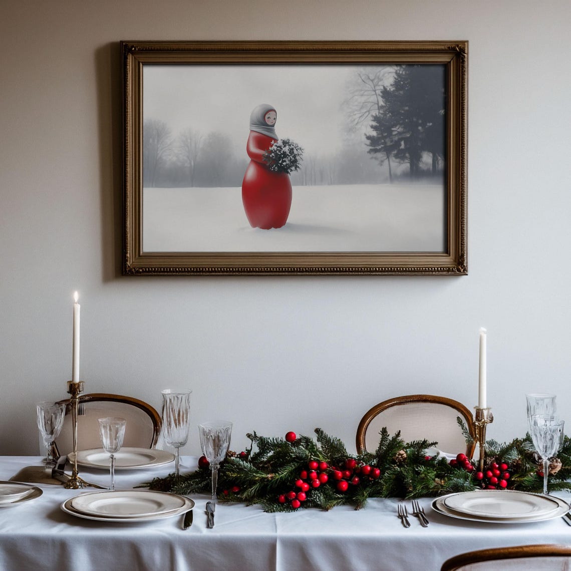 Red Matryoshka Doll With Gray Scarf In Snowy Landscape Art Poster - Image 5