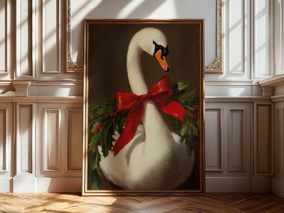 White Swan With Red Bow And Holly Berries Christmas Painting Poster