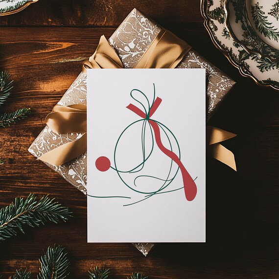 Minimalist Line Art Christmas Bauble With Red Ribbon Card Poster