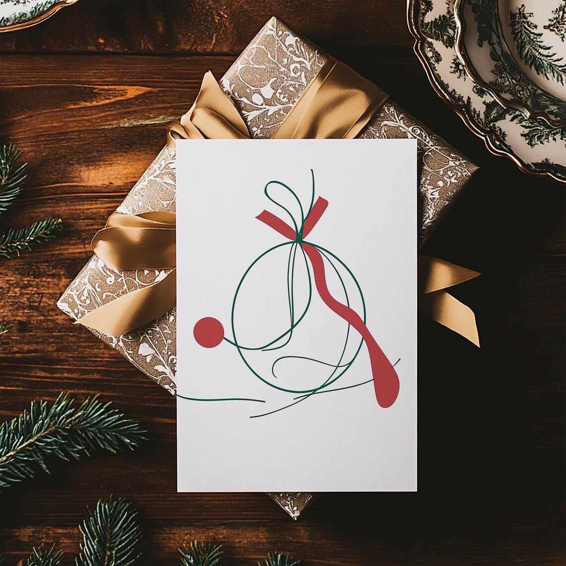 Minimalist Line Art Christmas Bauble With Red Ribbon Card Poster