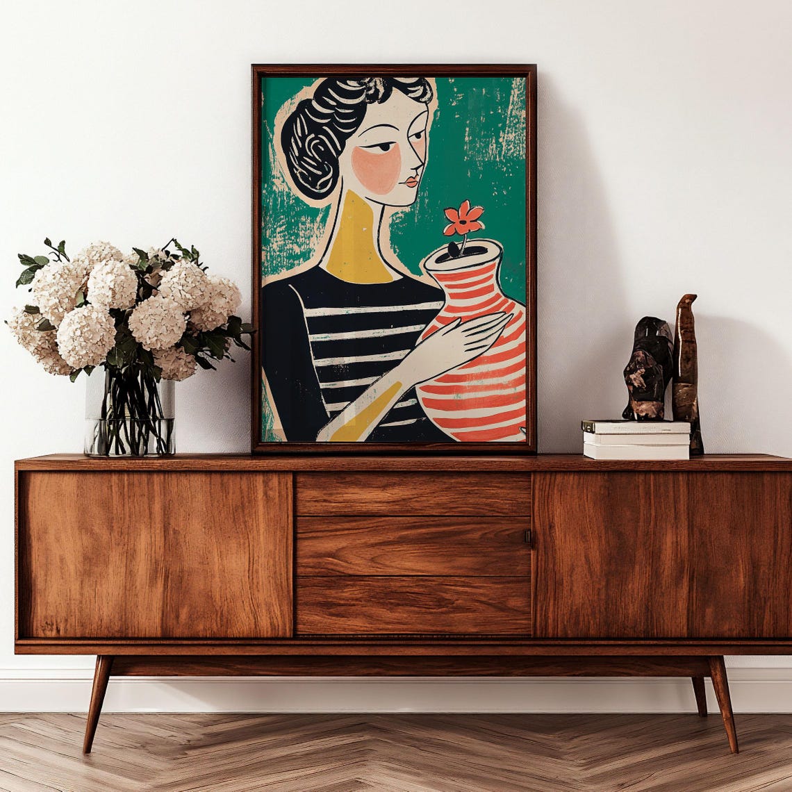 Woman In Breton Stripe Top Holding Coral Striped Flower Vase Poster - Image 4