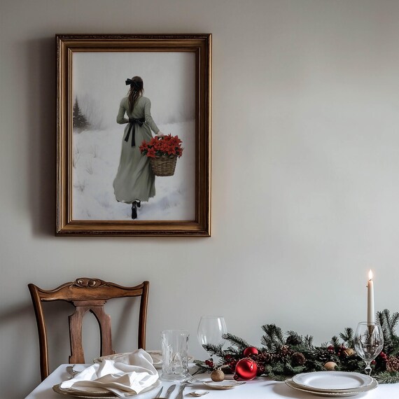 Woman Walking Through Snow With Basket of Red Poinsettias Poster