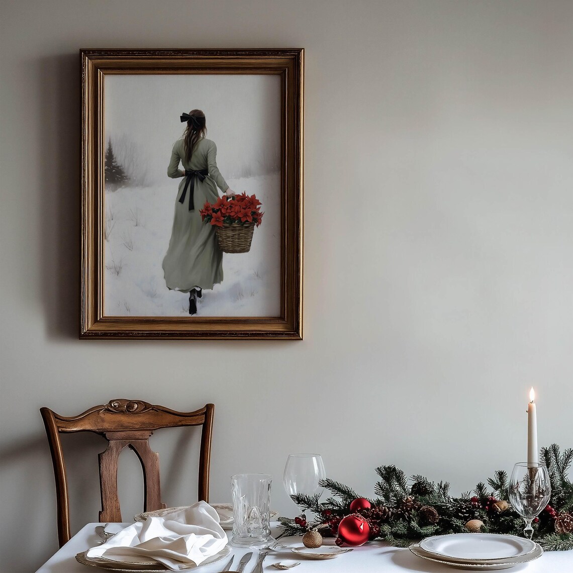 Woman Walking Through Snow With Basket of Red Poinsettias Poster
