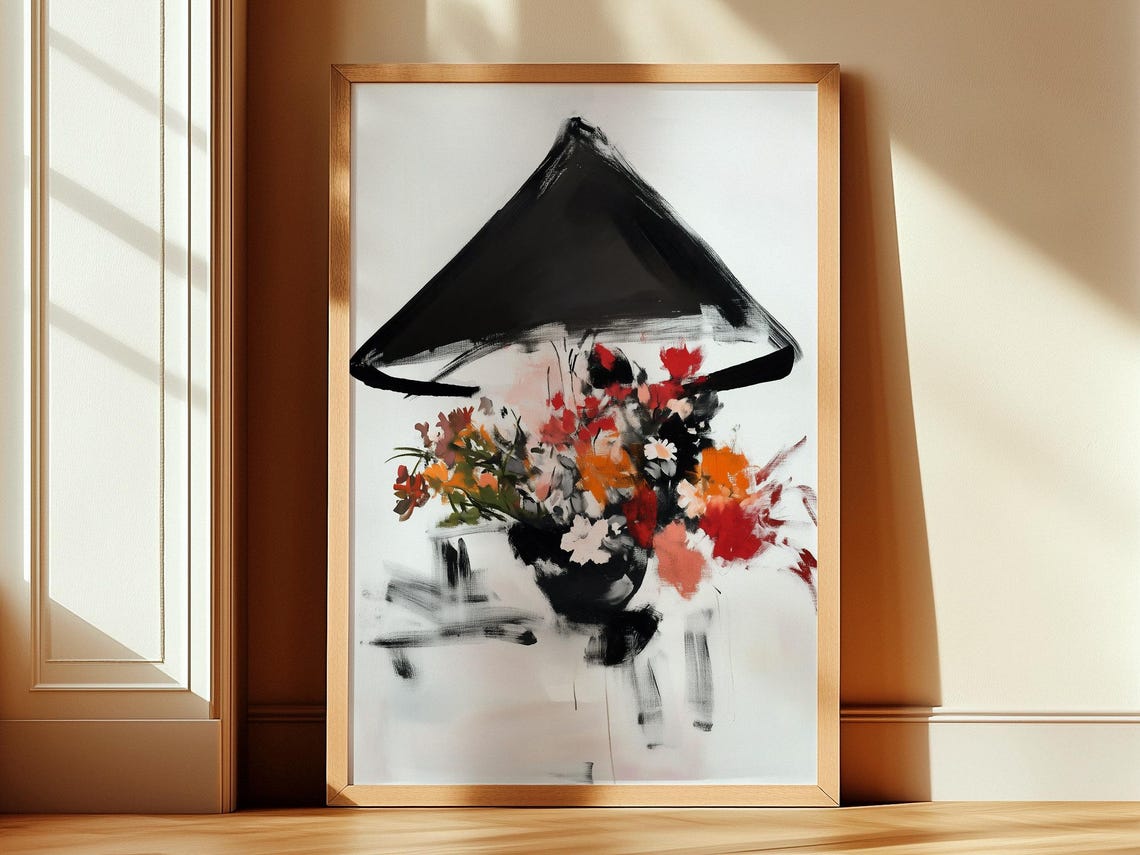Bold Black Conical Hat Over Colorful Bouquet Abstract Ink Art Poster